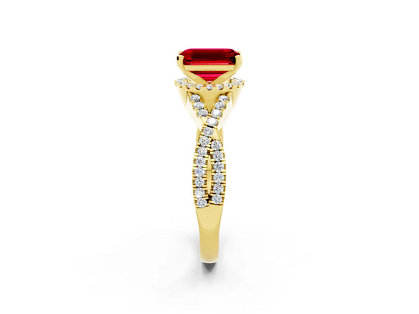 Yellow gold Emerald Cut Ruby  Halo Twist Band Solitaire Prong Setting Ring