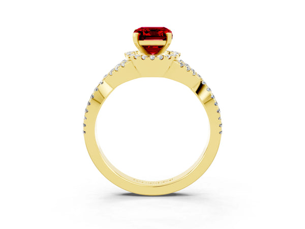 Yellow gold Emerald Cut Ruby  Halo Twist Band Solitaire Prong Setting Ring