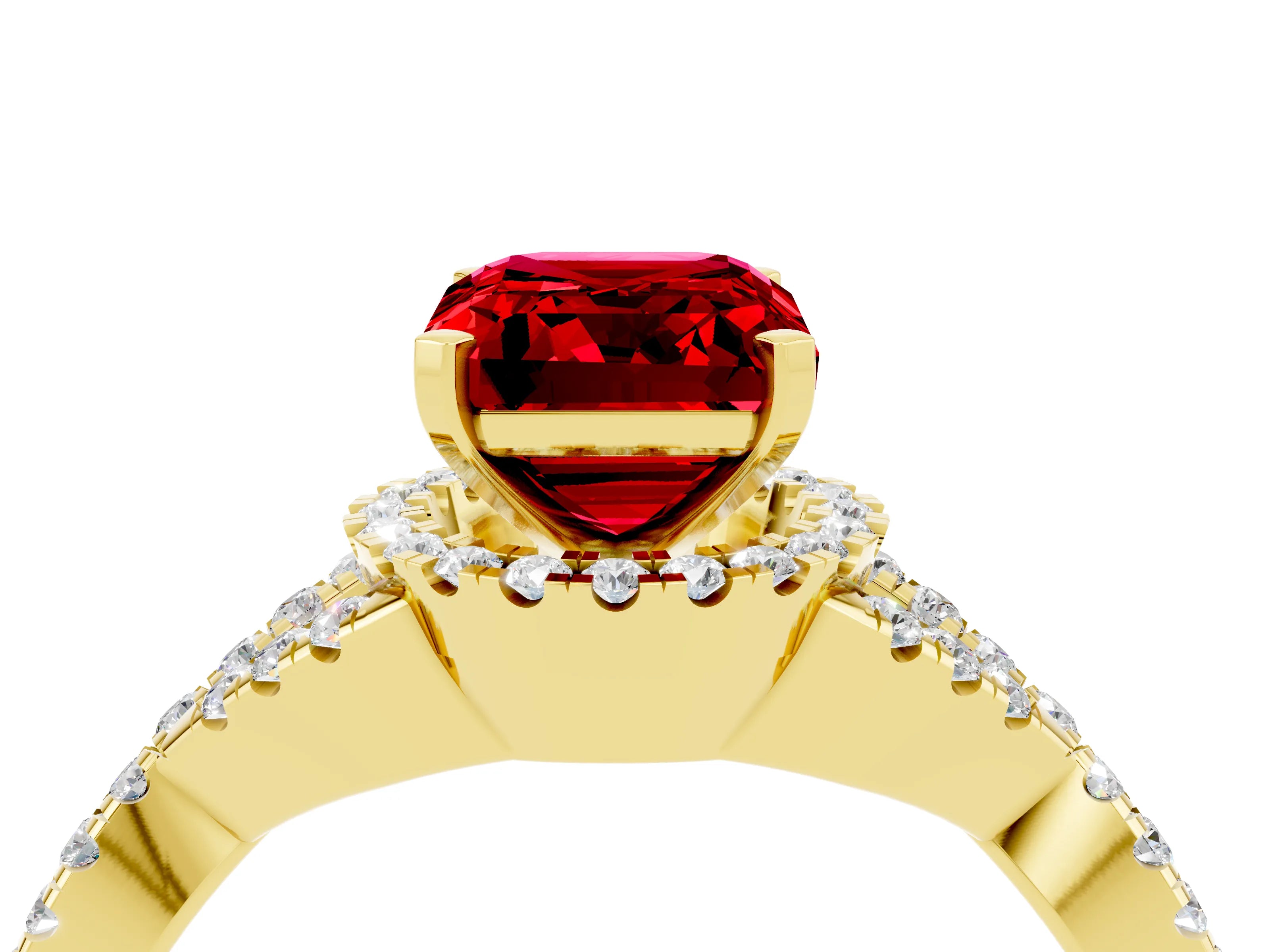 Yellow gold Emerald Cut Ruby Halo Twist Band Solitaire Prong Setting Ring_4