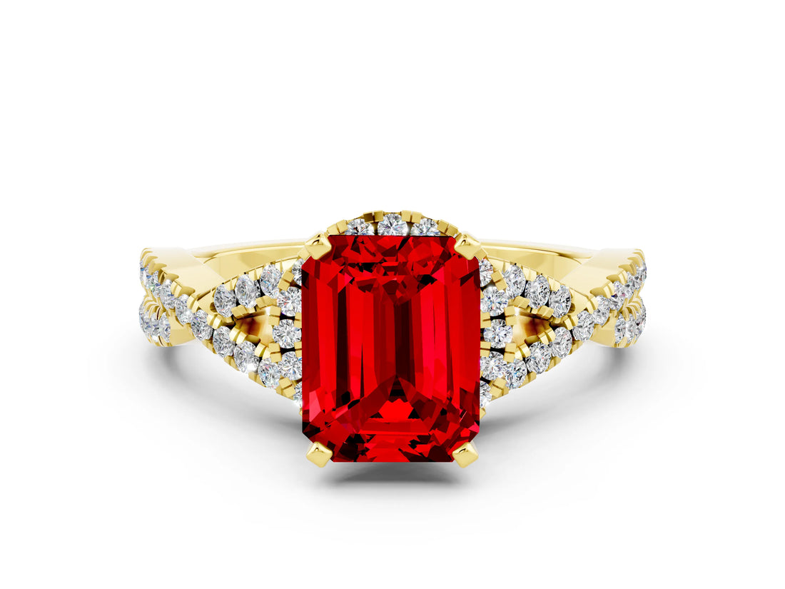 Yellow gold Emerald Cut Ruby  Halo Twist Band Solitaire Prong Setting Ring_42