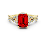 Yellow gold Emerald Cut Ruby  Halo Twist Band Solitaire Prong Setting Ring_42