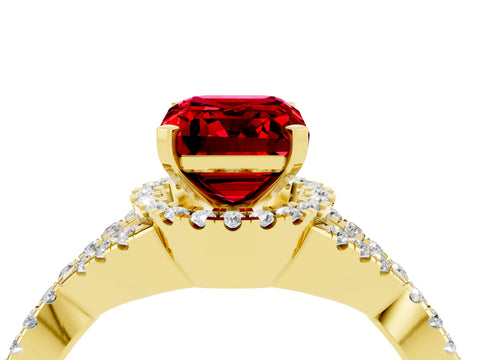 Yellow gold Emerald Cut Ruby Halo Twist Band Solitaire Prong Setting Ring_4
