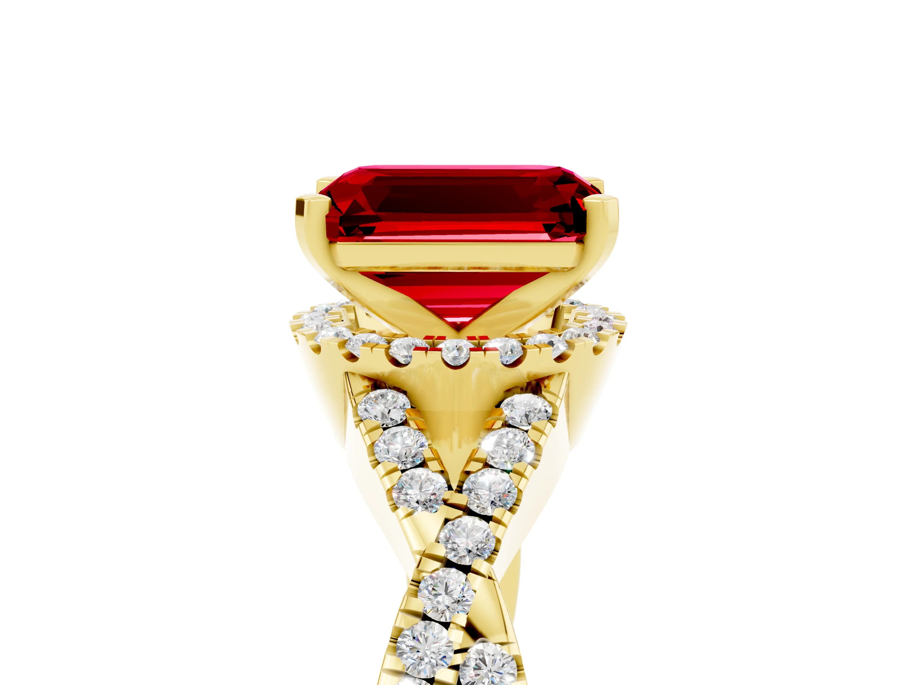 Yellow gold Emerald Cut Ruby Halo Twist Band Solitaire Prong Setting Ring_5