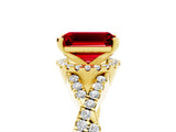 Yellow gold Emerald Cut Ruby Halo Twist Band Solitaire Prong Setting Ring_5