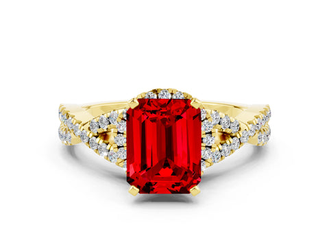 Yellow gold Emerald Cut Ruby Halo Twist Band Solitaire Prong Setting Ring