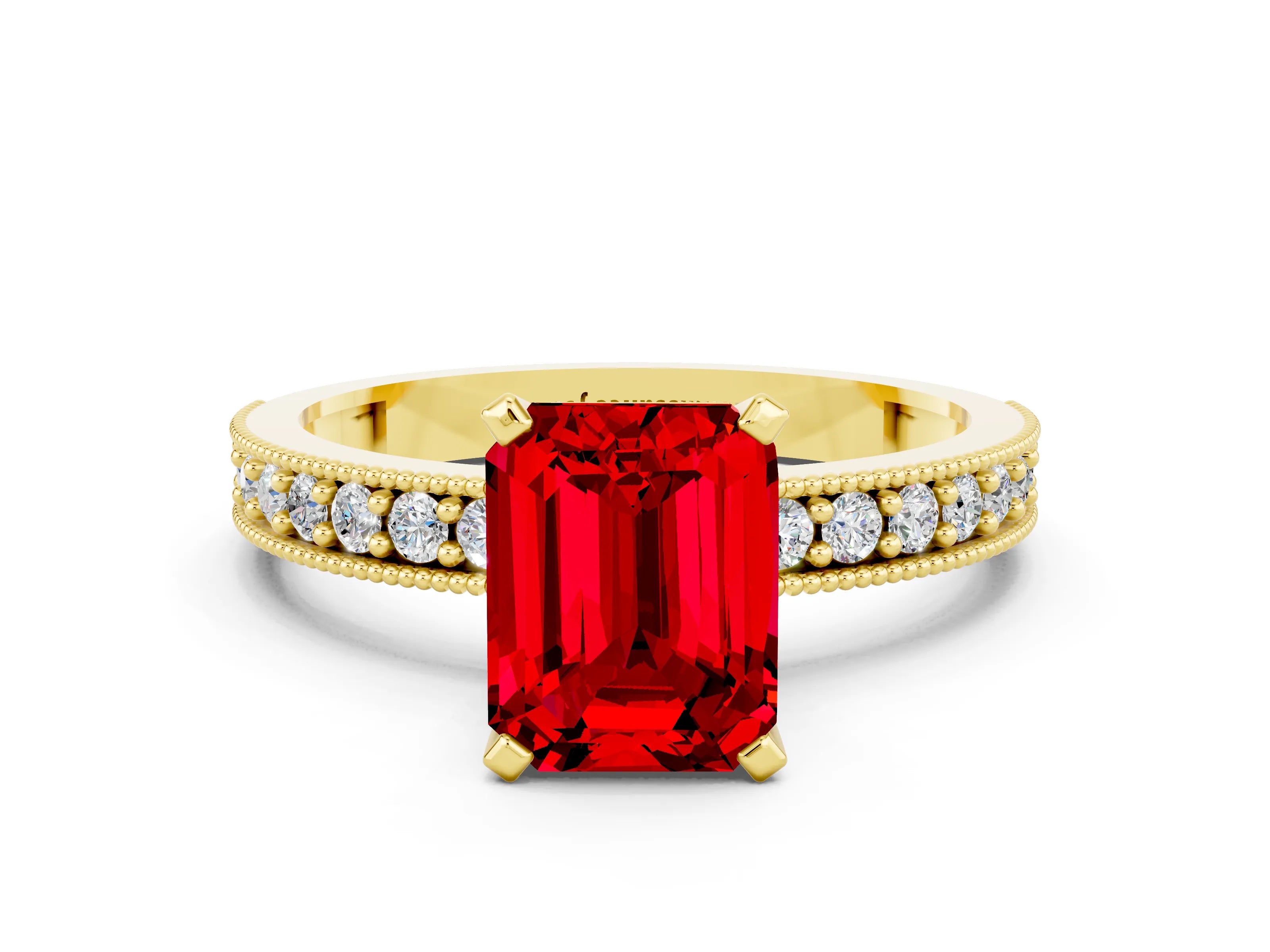 Yellow gold Emerald Cut Ruby Milgrain Pavé Engagement Ring with Four-Prong Setting_12