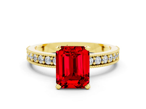 Yellow gold Emerald Cut Ruby Milgrain Pavé Engagement Ring with Four-Prong Setting_12