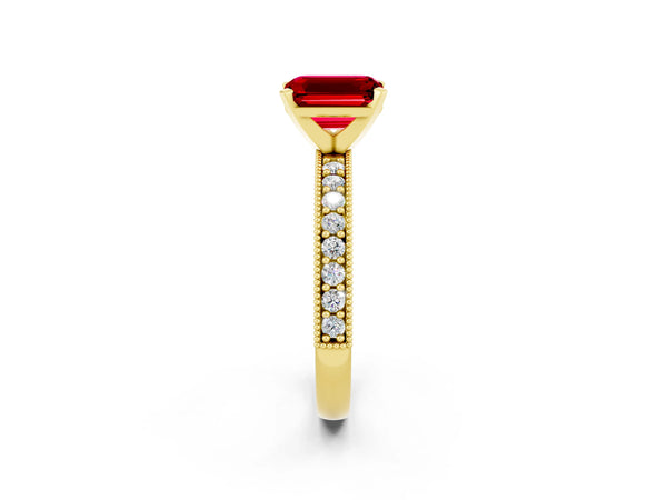 Yellow gold Emerald Cut Ruby Milgrain Pavé Engagement Ring with Four-Prong Setting