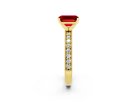 Yellow gold Emerald Cut Ruby Milgrain Pavé Engagement Ring with Four-Prong Setting_14