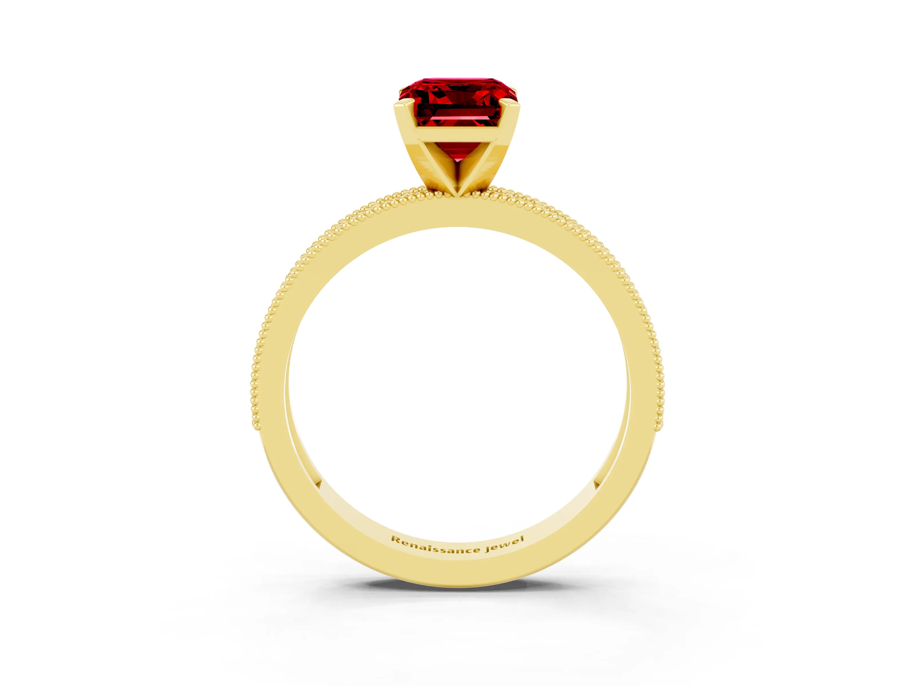 Yellow gold Emerald Cut Ruby Milgrain Pavé Engagement Ring with Four-Prong Setting_15