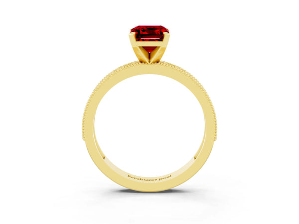 Yellow gold Emerald Cut Ruby Milgrain Pavé Engagement Ring with Four-Prong Setting