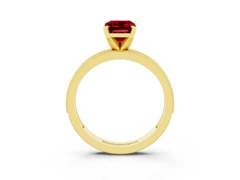 Yellow gold Emerald Cut Ruby Milgrain Pavé Engagement Ring with Four-Prong Setting_15