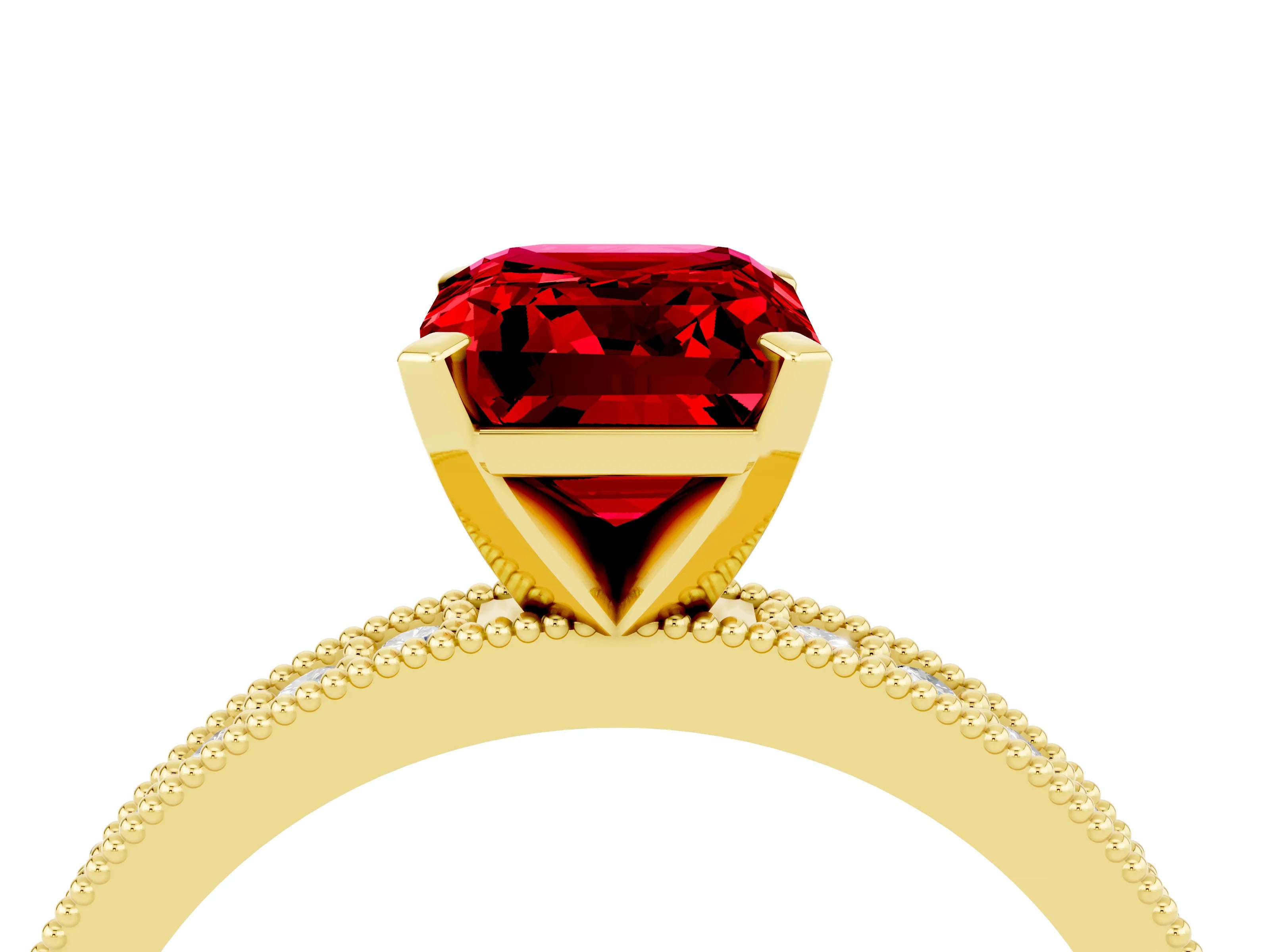 Yellow gold Emerald Cut Ruby Milgrain Pavé Engagement Ring with Four-Prong Setting_16
