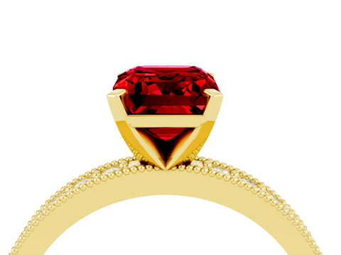 Yellow gold Emerald Cut Ruby Milgrain Pavé Engagement Ring with Four-Prong Setting_16