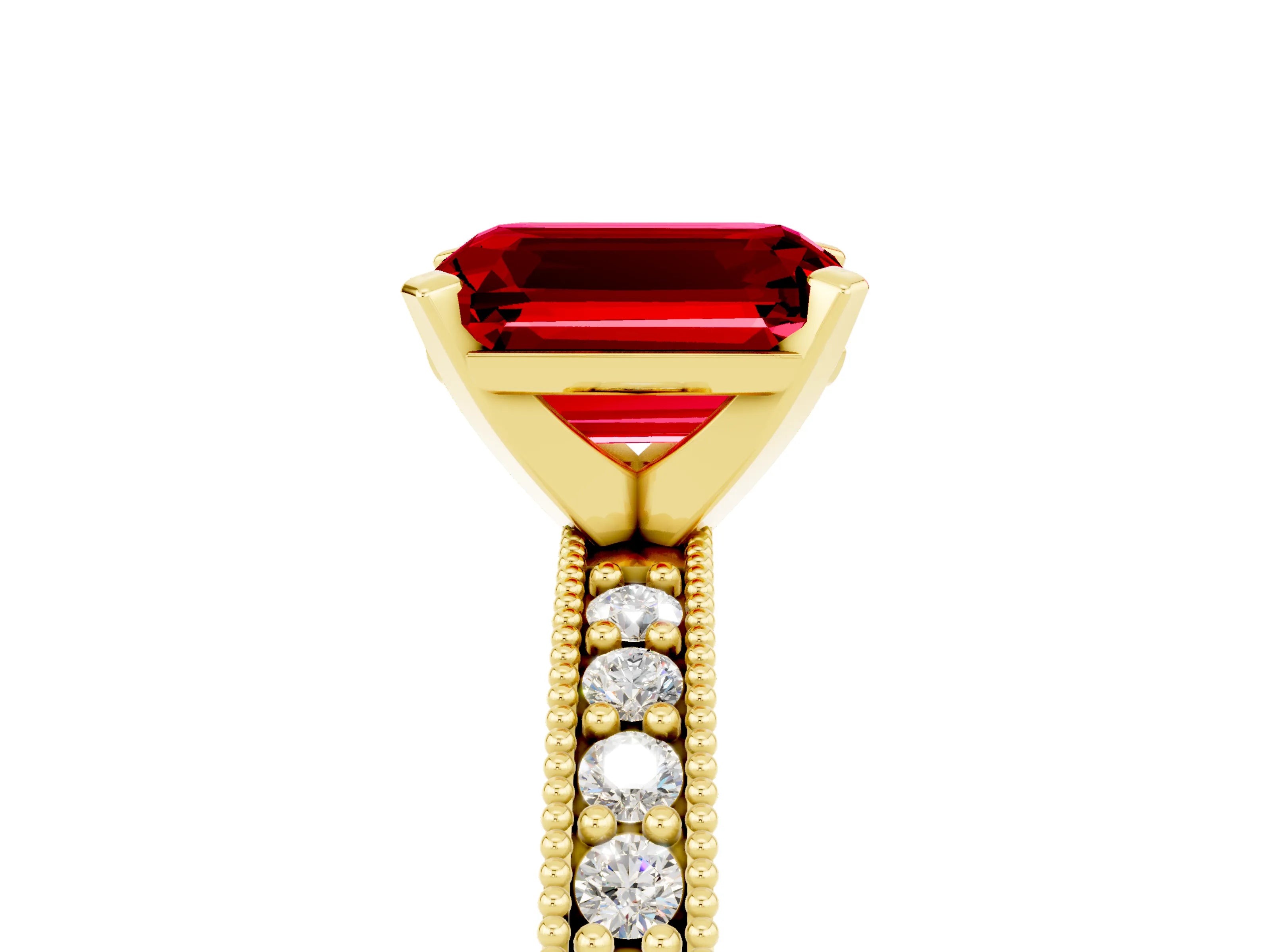 Yellow gold Emerald Cut Ruby Milgrain Pavé Engagement Ring with Four-Prong Setting_17