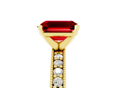 Yellow gold Emerald Cut Ruby Milgrain Pavé Engagement Ring with Four-Prong Setting_17