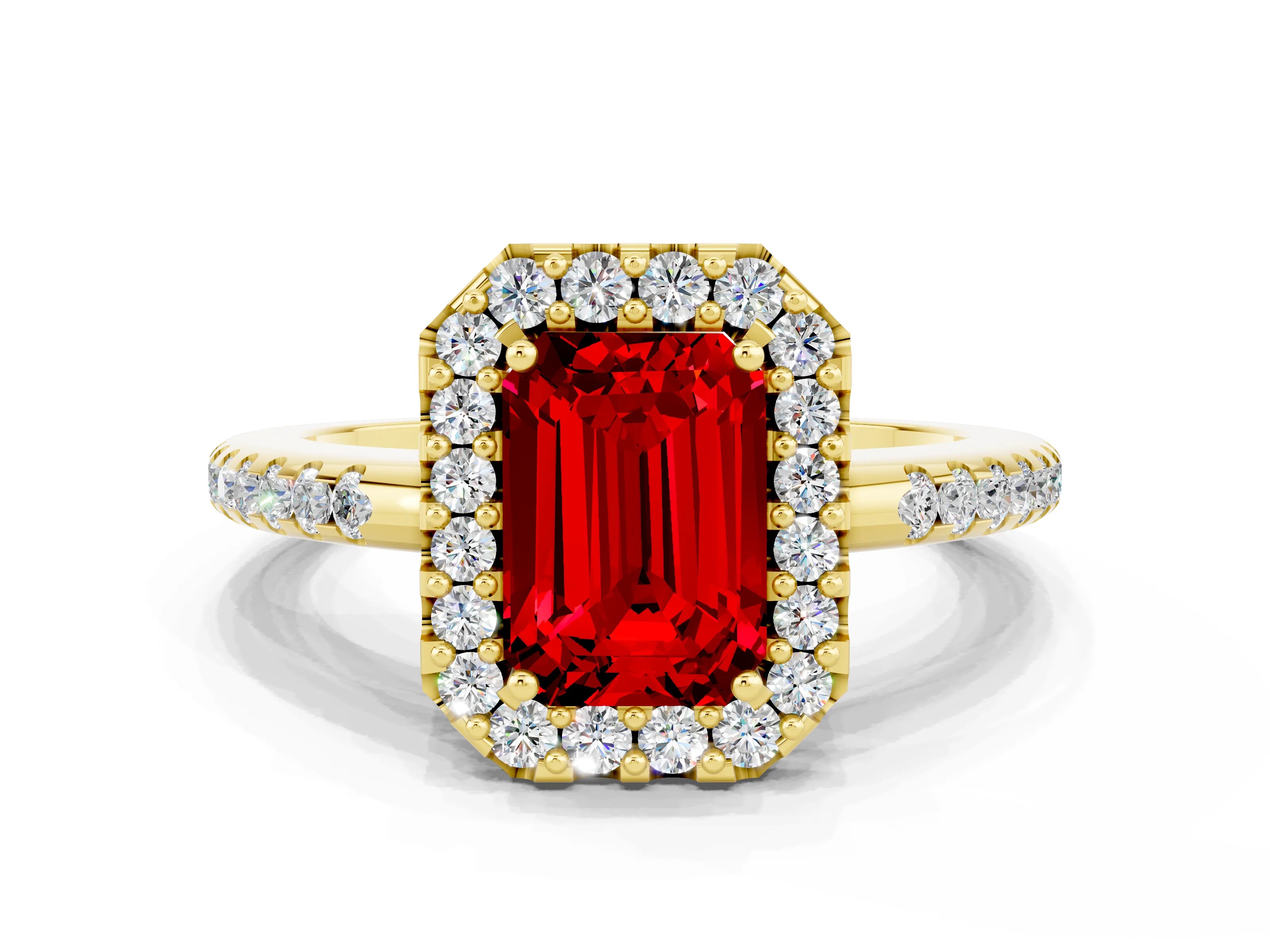 Yellow gold Emerald Cut Ruby Pavé Halo Ring with Four-Prong Setting_12