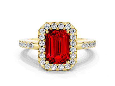 Yellow gold Emerald Cut Ruby Pavé Halo Ring with Four-Prong Setting_12