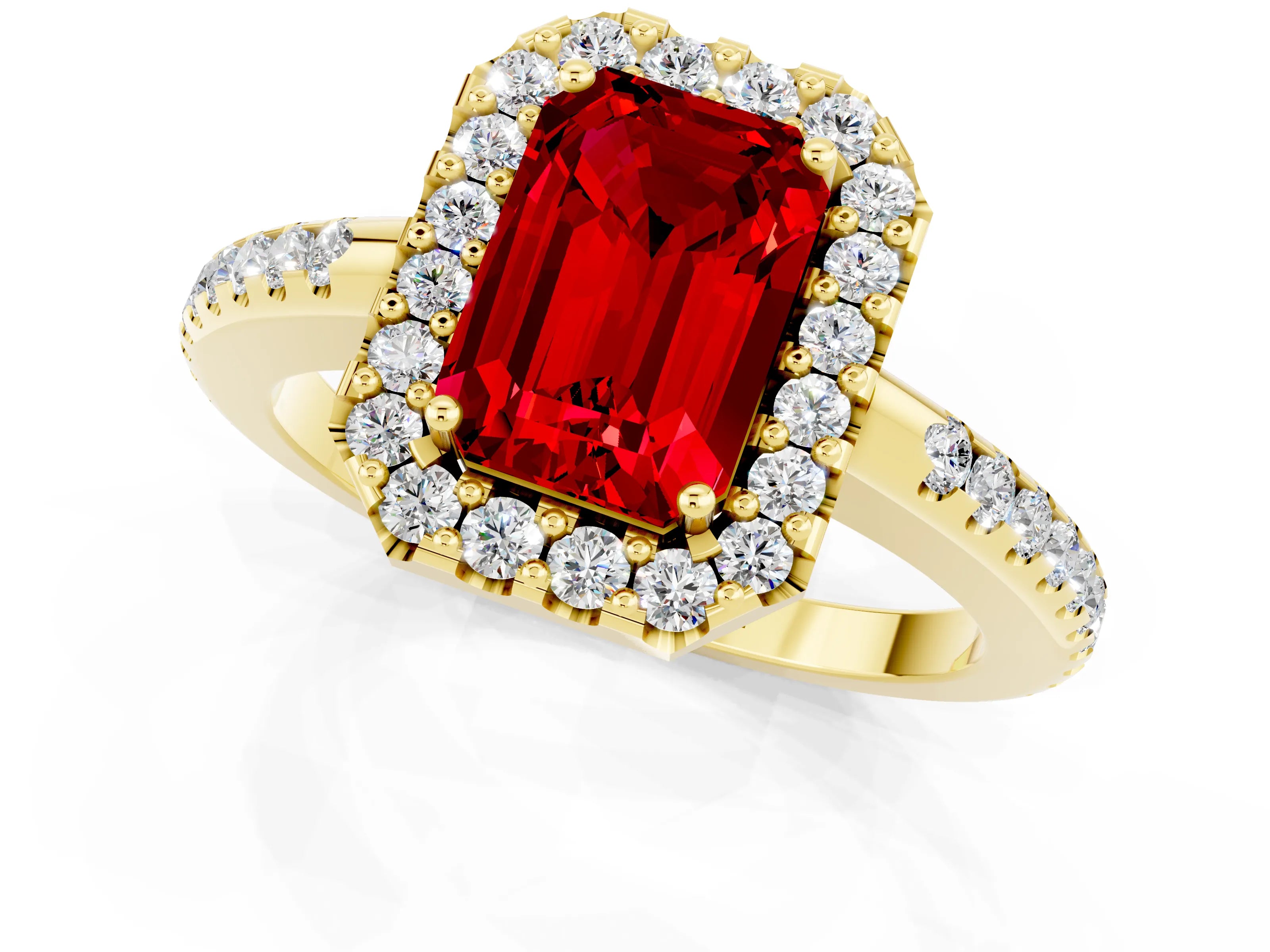 Yellow gold Emerald Cut Ruby Pavé Halo Ring with Four-Prong Setting_13