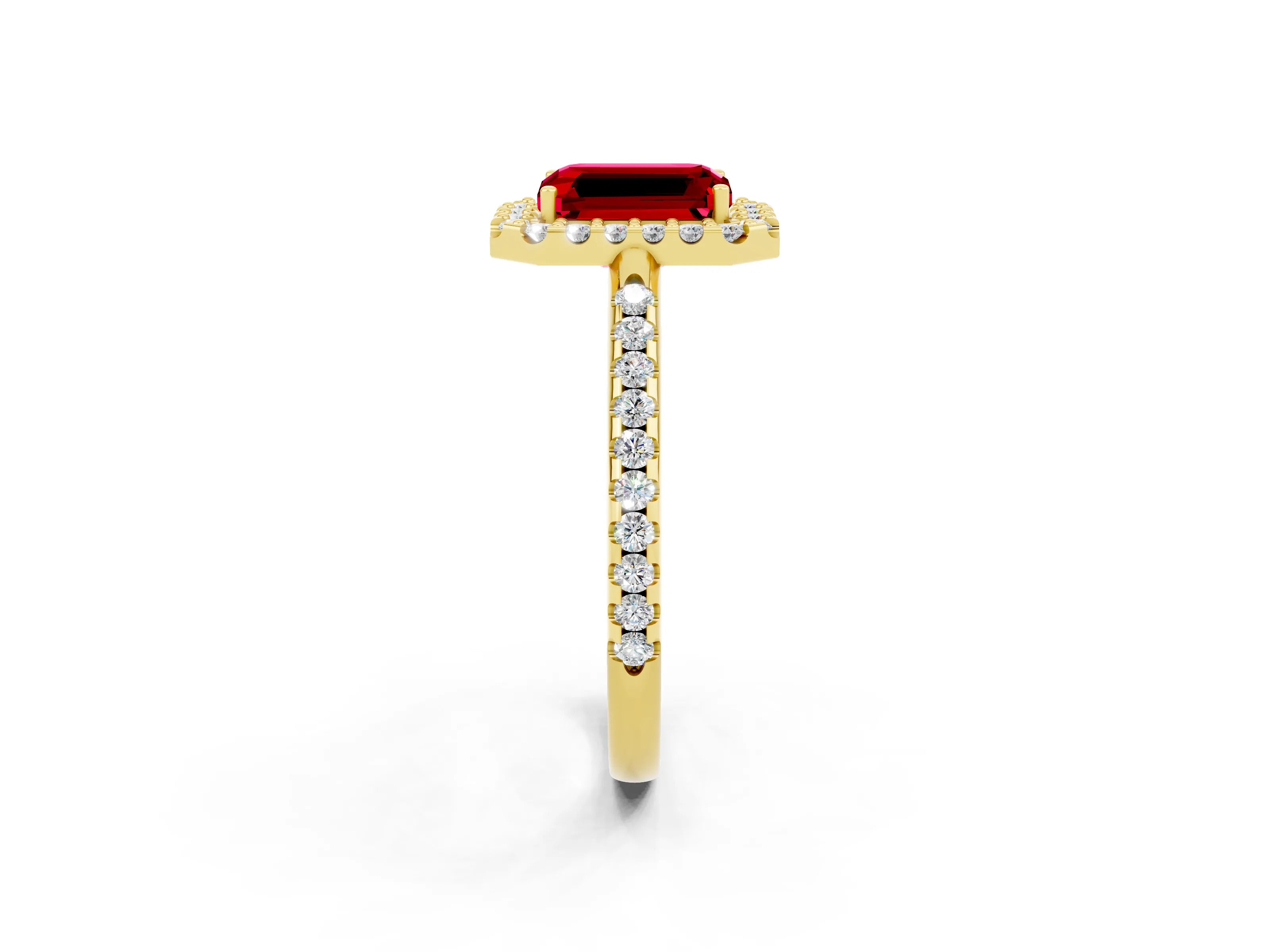 Yellow gold Emerald Cut Ruby Pavé Halo Ring with Four-Prong Setting_14