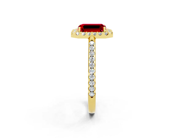 Yellow gold Emerald Cut Ruby Pavé Halo Ring with Four-Prong Setting