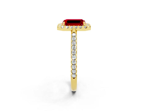 Yellow gold Emerald Cut Ruby Pavé Halo Ring with Four-Prong Setting_14