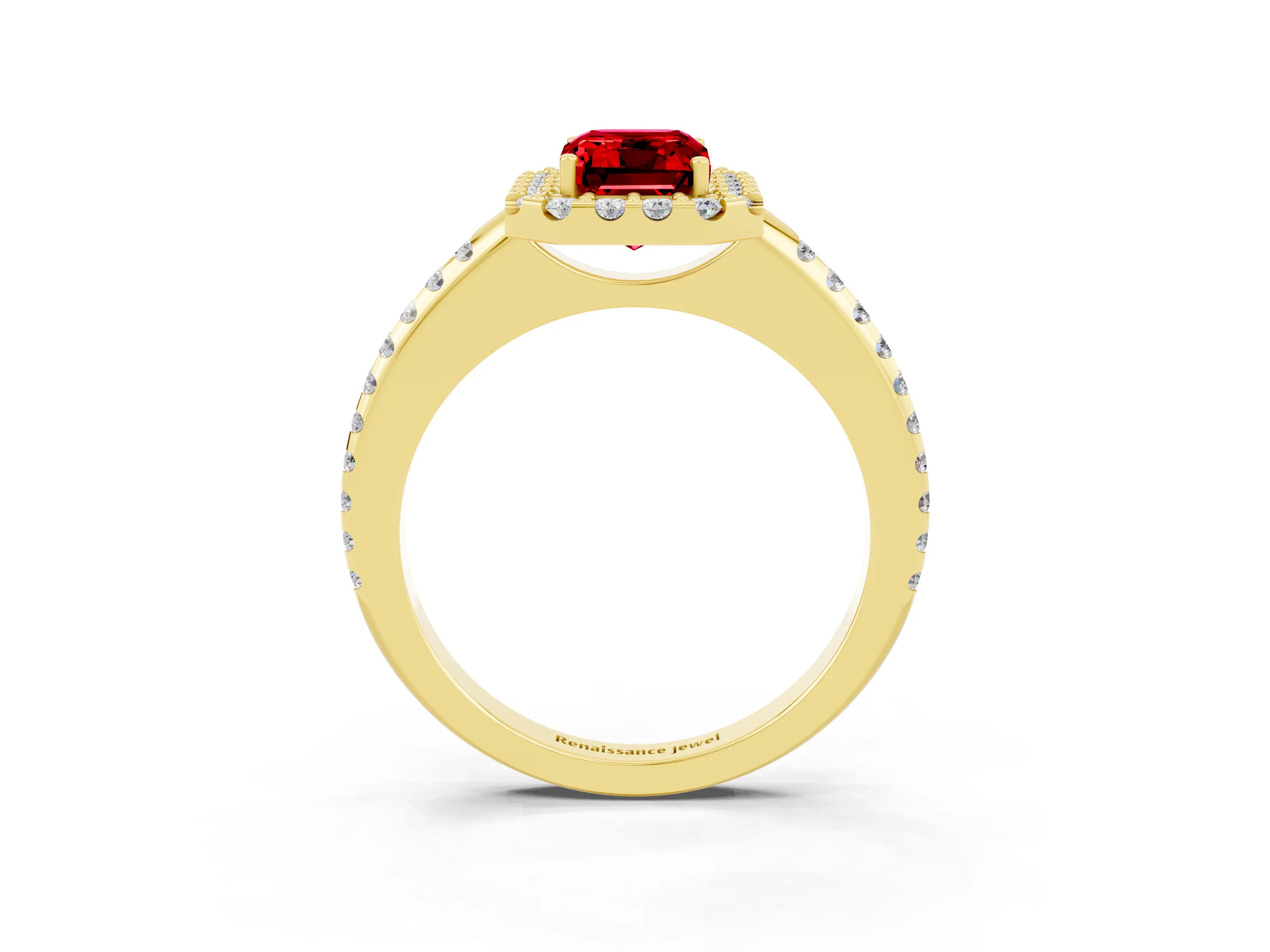 Yellow gold Emerald Cut Ruby Pavé Halo Ring with Four-Prong Setting_15