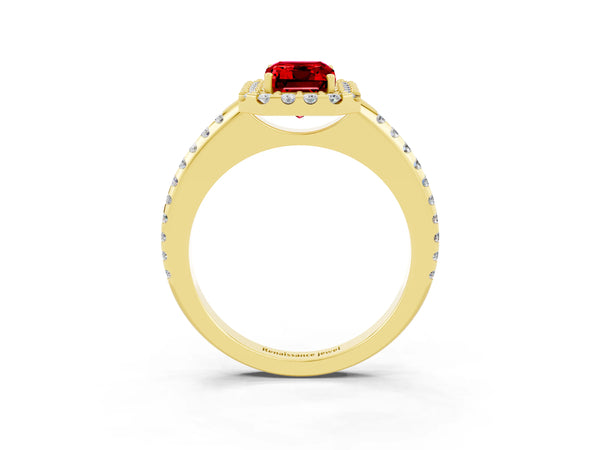 Yellow gold Emerald Cut Ruby Pavé Halo Ring with Four-Prong Setting