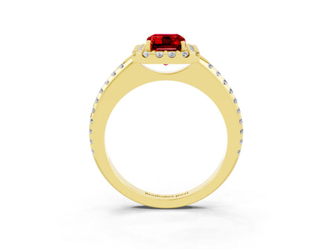 Yellow gold Emerald Cut Ruby Pavé Halo Ring with Four-Prong Setting_15