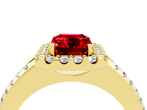 Yellow gold Emerald Cut Ruby Pavé Halo Ring with Four-Prong Setting_16