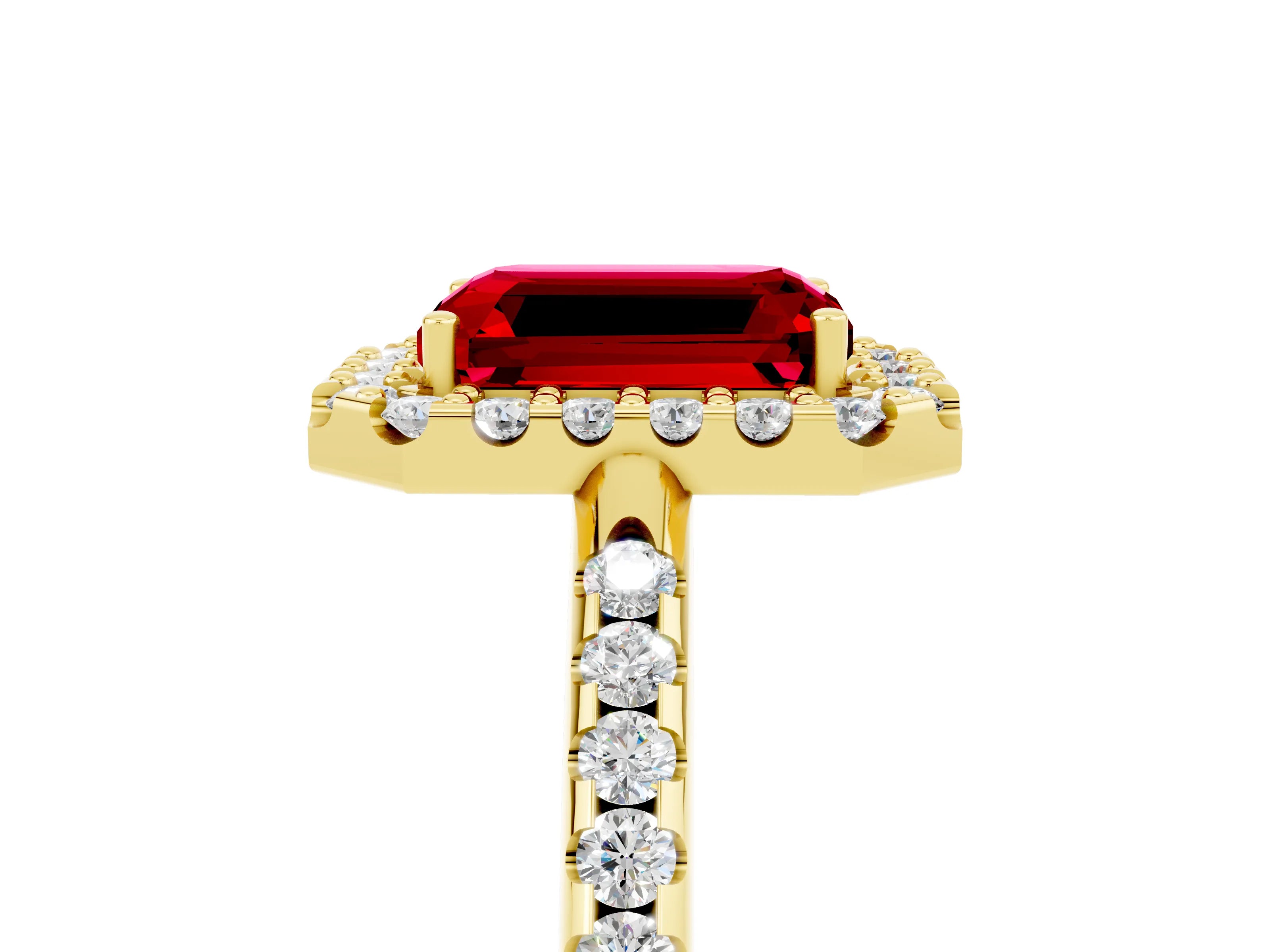 Yellow gold Emerald Cut Ruby Pavé Halo Ring with Four-Prong Setting_17