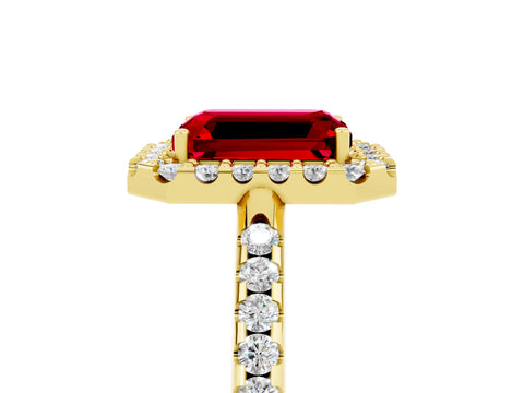 Yellow gold Emerald Cut Ruby Pavé Halo Ring with Four-Prong Setting_17