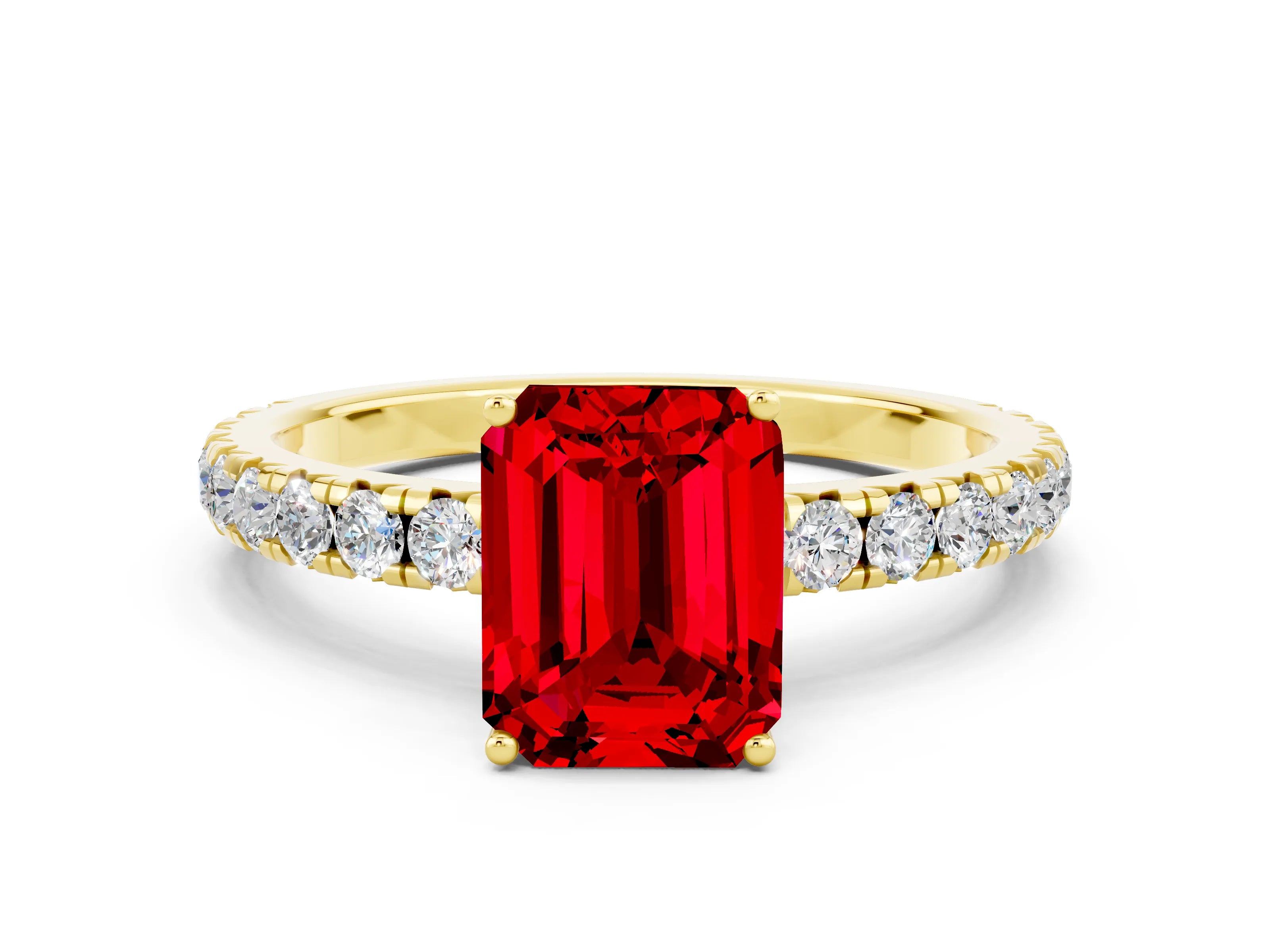 Yellow gold Emerald Cut Ruby Pavé Solitaire Engagement Ring with Four-Prong Setting_12