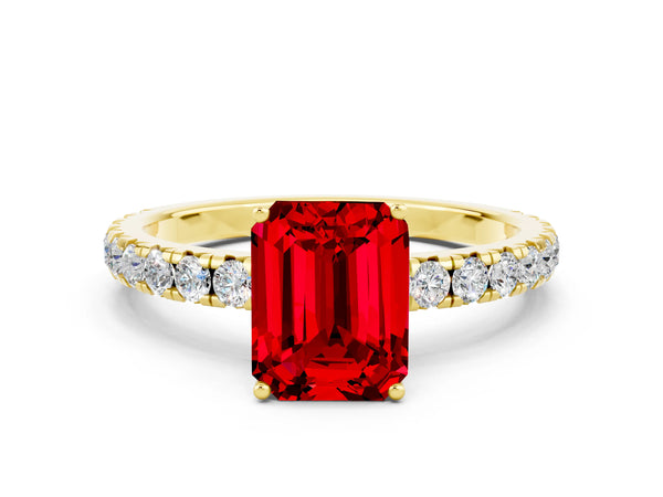 Yellow gold Emerald Cut Ruby Pavé Solitaire Engagement Ring with Four-Prong Setting
