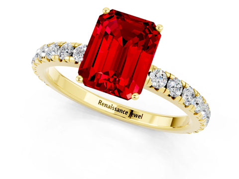 Yellow gold Emerald Cut Ruby Pavé Solitaire Engagement Ring with Four-Prong Setting_13
