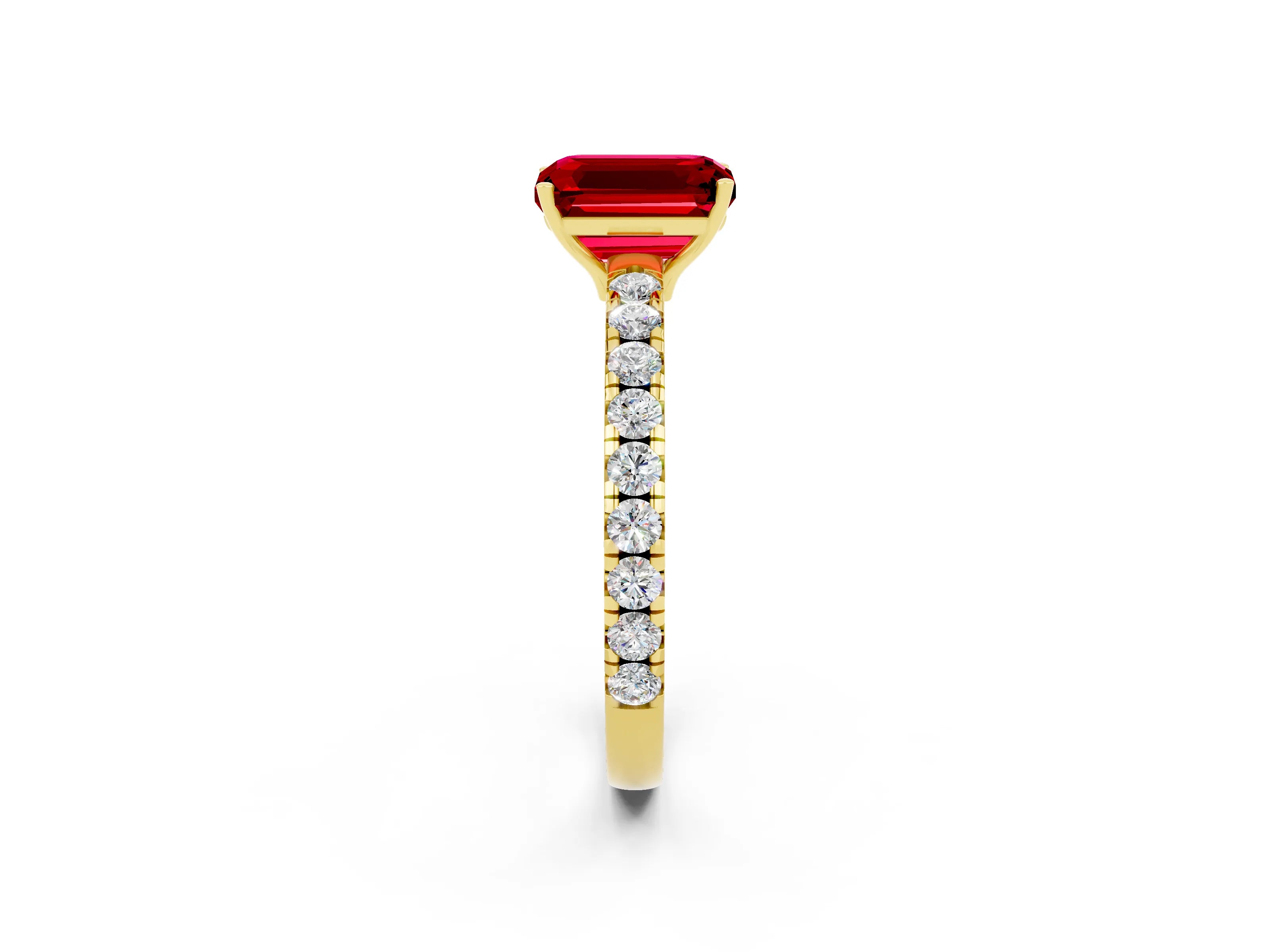 Yellow gold Emerald Cut Ruby Pavé Solitaire Engagement Ring with Four-Prong Setting_14