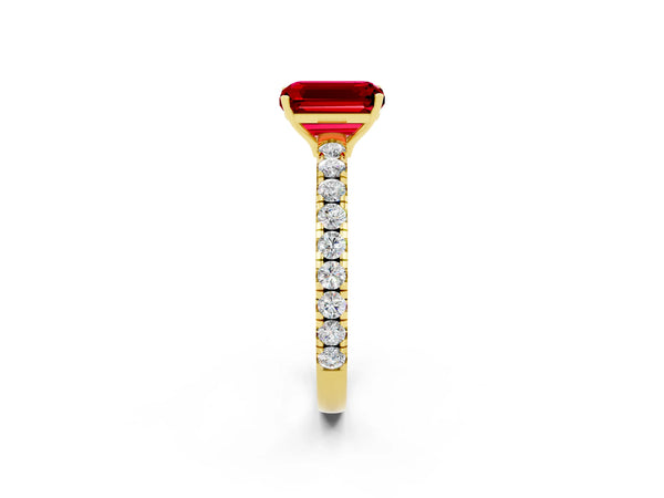 Yellow gold Emerald Cut Ruby Pavé Solitaire Engagement Ring with Four-Prong Setting