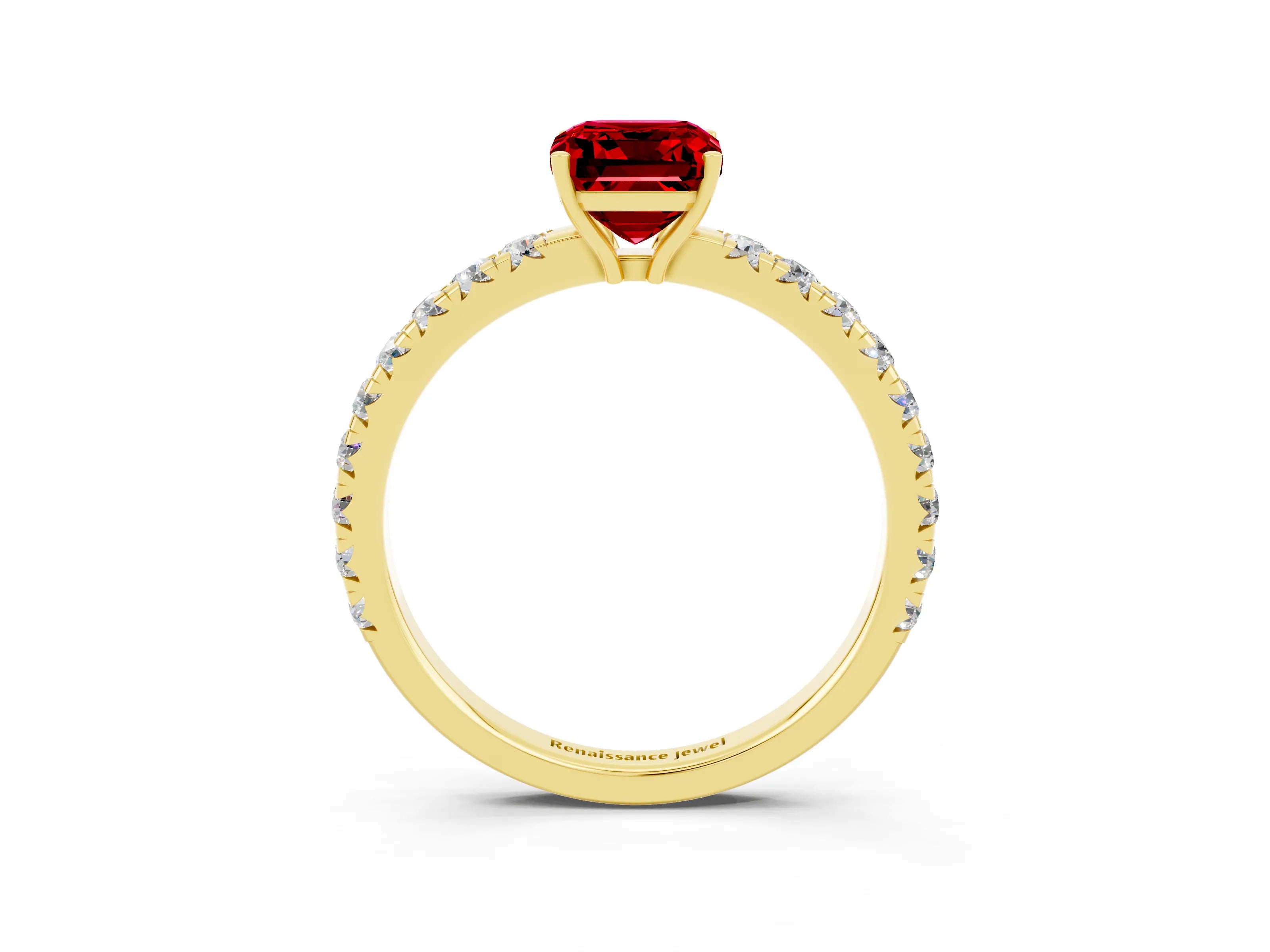 Yellow gold Emerald Cut Ruby Pavé Solitaire Engagement Ring with Four-Prong Setting_15