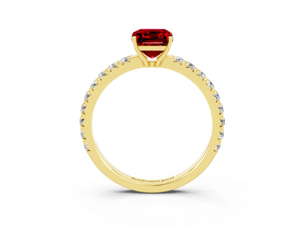 Yellow gold Emerald Cut Ruby Pavé Solitaire Engagement Ring with Four-Prong Setting