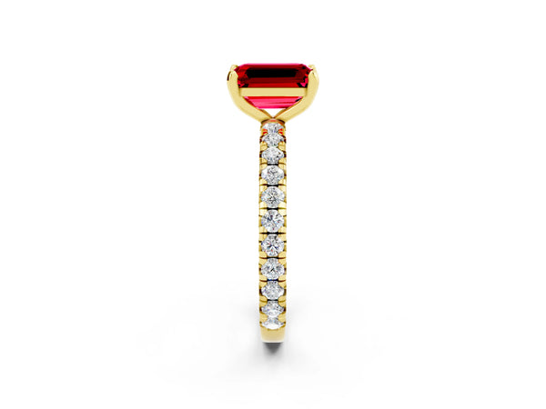 Yellow gold Emerald Cut Ruby Pavé Solitaire Ring with Round Band and Prong Setting