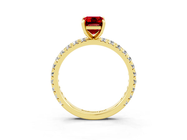 Yellow gold Emerald Cut Ruby Pavé Solitaire Ring with Round Band and Prong Setting