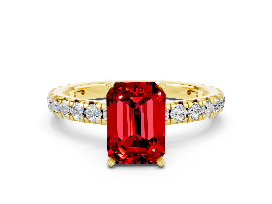 Yellow gold Emerald Cut Ruby Pavé Solitaire Ring with Round Band and Prong Setting_24