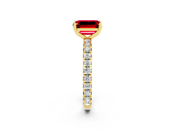 Yellow Gold Emerald Cut Lab-Grown Ruby Solitaire Engagement Ring with Shared Prong Pave Band