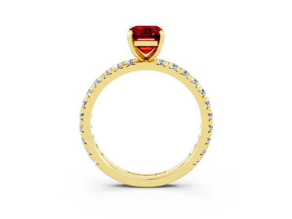 Yellow Gold Emerald Cut Lab-Grown Ruby Solitaire Engagement Ring with Shared Prong Pave Band