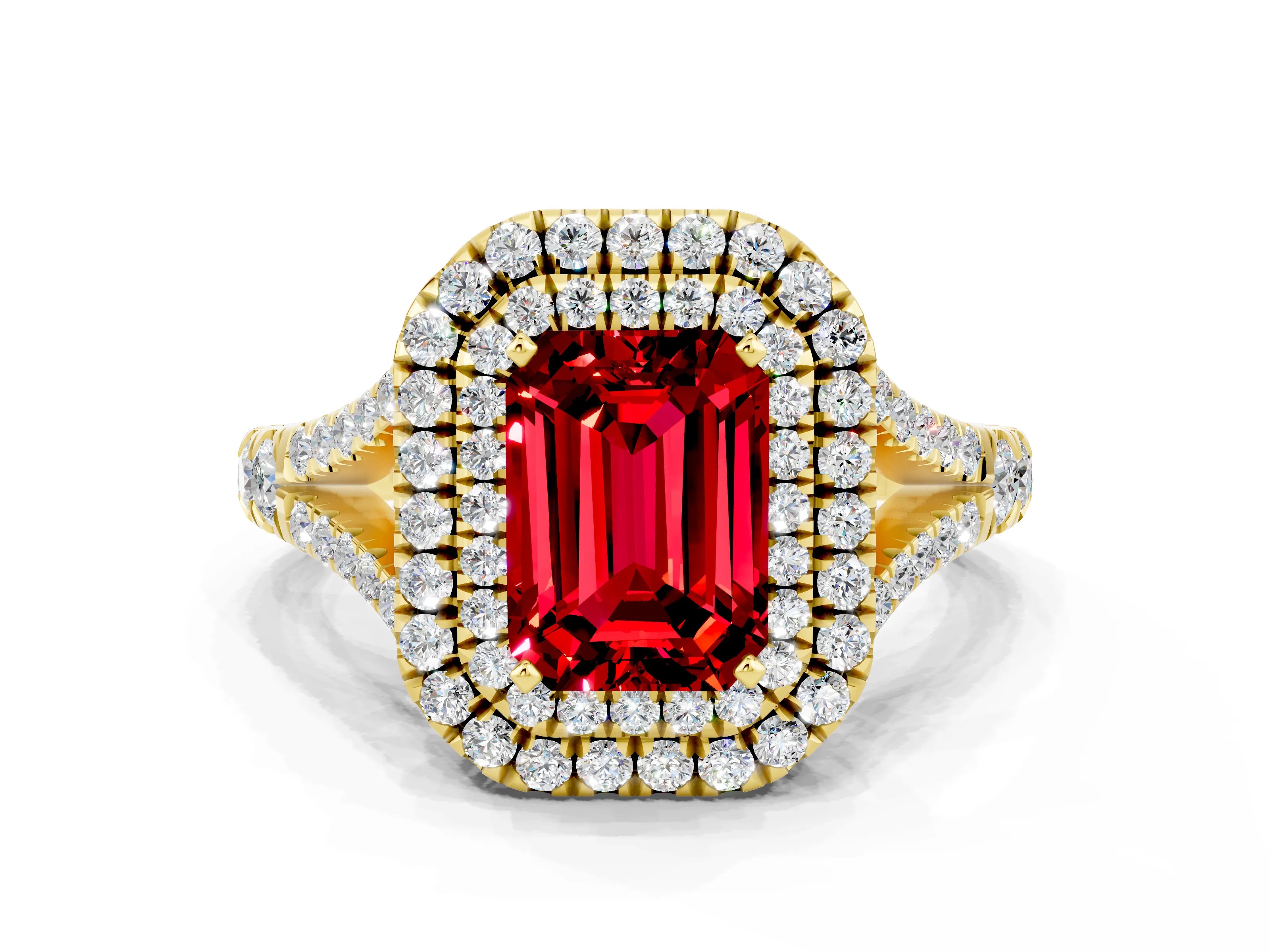 Yellow gold Emerald Cut Ruby Pavé Split Shank Double Halo Engagement Ring