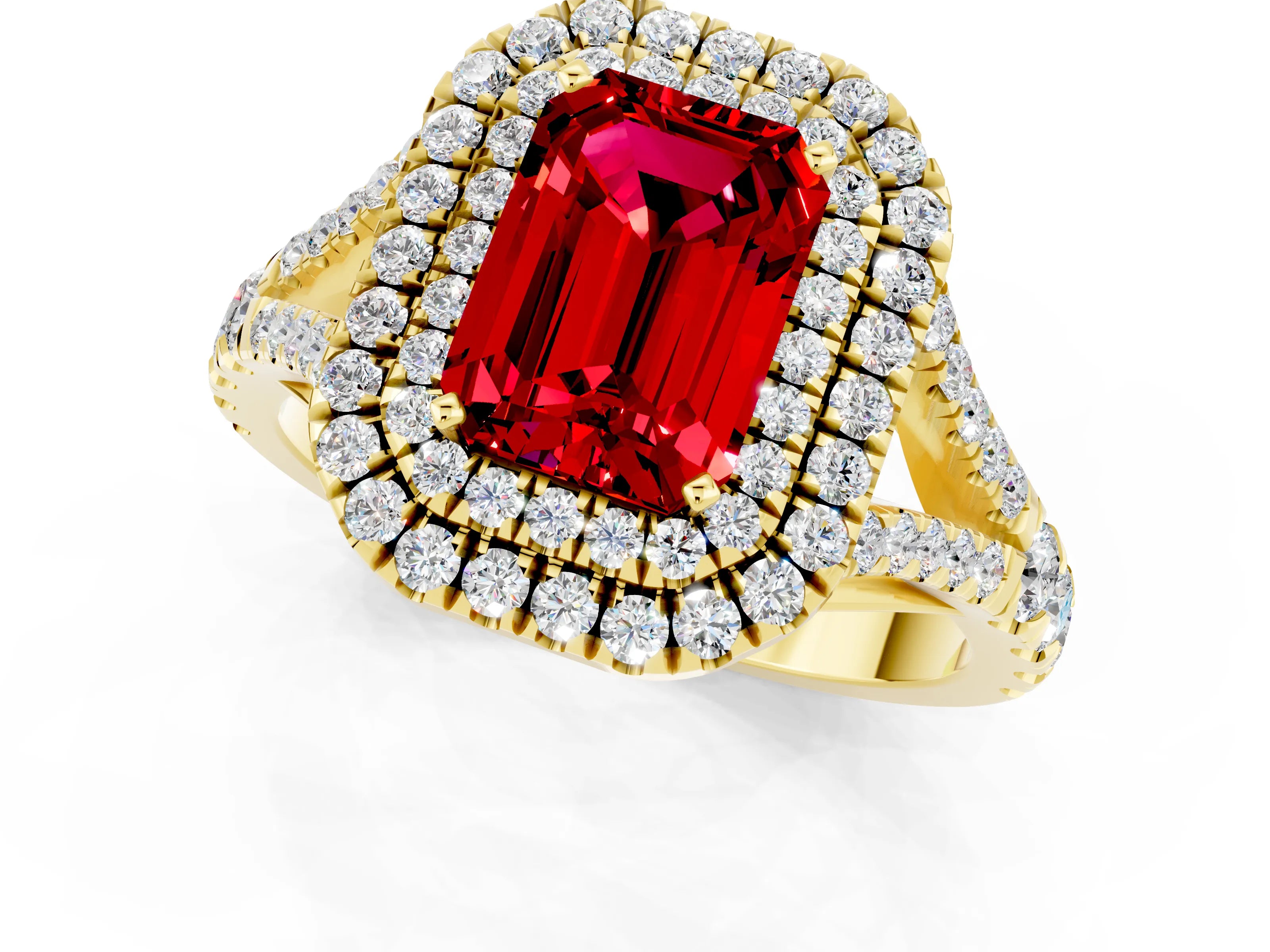 Yellow gold Emerald Cut Ruby Pavé Split Shank Double Halo Engagement Ring_1
