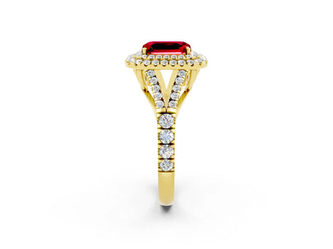 Yellow gold Emerald Cut Ruby Pavé Split Shank Double Halo Engagement Ring_2