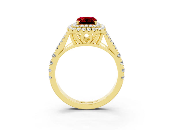 Yellow gold Emerald Cut Ruby Pavé Split Shank Double Halo Engagement Ring