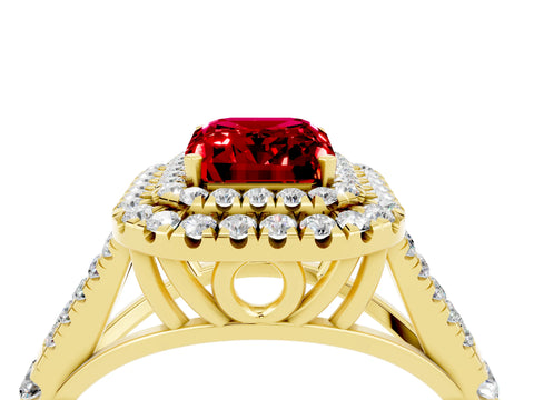 Yellow gold Emerald Cut Ruby Pavé Split Shank Double Halo Engagement Ring_4