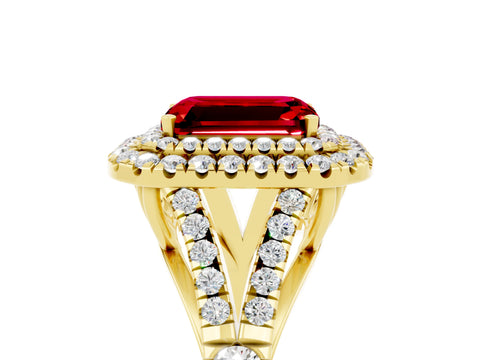 Yellow gold Emerald Cut Ruby Pavé Split Shank Double Halo Engagement Ring_5